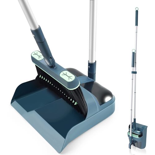 DALIPER Broom and Dustpan Set with Aluminum Long Handle, 180 Degree Swivel Broom and Upright Dust Pan with Hair Scraper