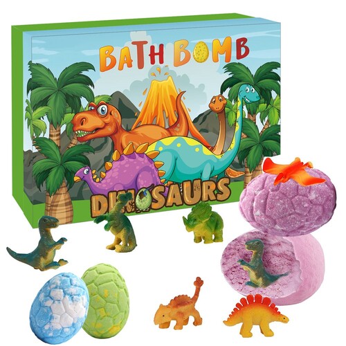 6PCS Handmade Organic Dinosaur Egg Bath Bomb Gift Set with Dinosaur Toys Inside for Kids