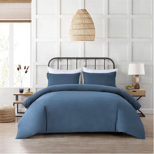 4PCS Quilt/Duvet Cover Flat Sheet Pillowcase Soft Bedding Set 100% Washed-Cloth Cotton Navy Blue