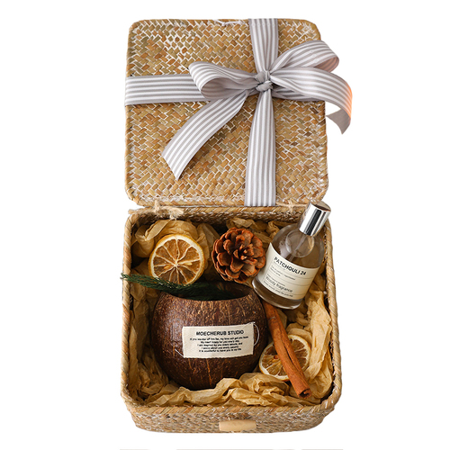 Handmade Coconut Shell Wood Chip Scented Candle Perfume Eau de Parfum Gift Set Rattan Basket