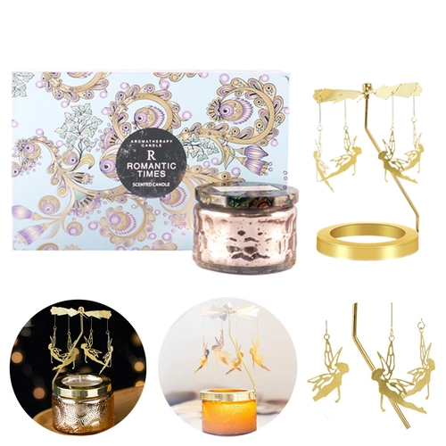ROMANTICTIMES Fairy Rotating Candle Holder Carrousel with Little Daisy Scented Natural Coconut Wax Candle Gift Pack