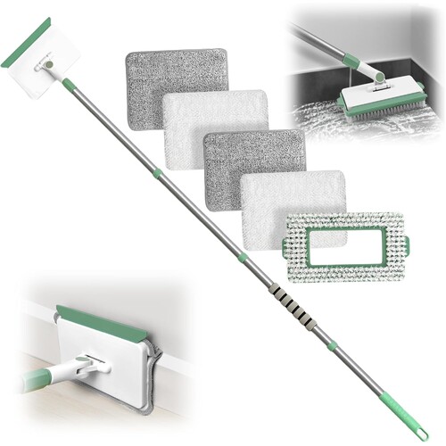 Skirting Board Cleaner Mop Tool, Wall Cleaner Mop with 139CM Adjustable Long Handled 1 Scrubber Brush Mop Head and 4 Reusable Cleaning Pads