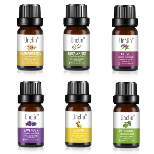 UNCLIN Essential Oil Set 100% Pure Natural Aromatherapy 6 Pack 10ml Clove Eucalyptus Frankincense Lavender Lemon Patchouli