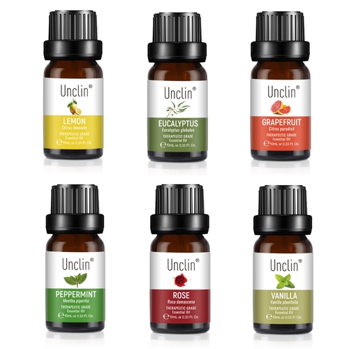 UNCLIN Essential Oil Set 100% Pure Natural Aromatherapy 6 Pack 10ml Eucalyptus Grapefruit Lemon Peppermint Rose Vanilla