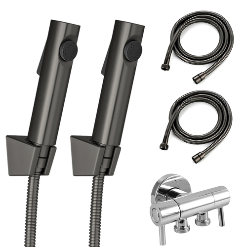 2 Pack Toilet Bidet Spray Kit Hand Held Shower Head Gun Metal Grey with Dual Control Double Switch Diverter