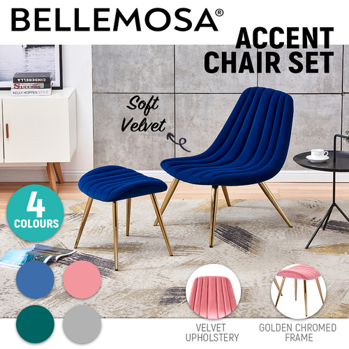 Velvet Accent Chair and Velvet Ottoman Stool With Gold Chromed Frame