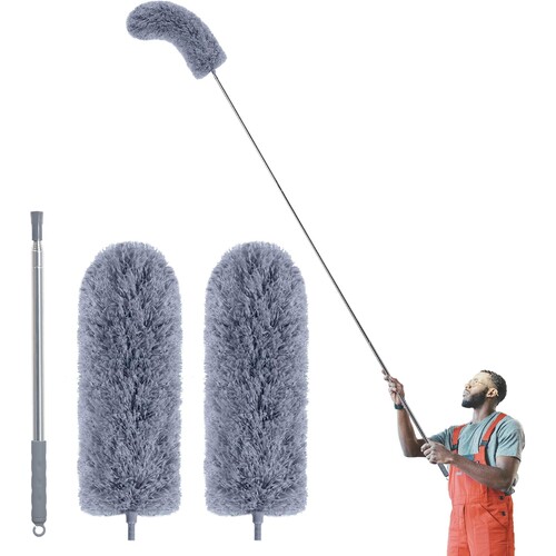 Duster with Extension Pole for Cleaning (2 Microfiber Heads Kit), 254CM Long Feather Duster for High Ceilings with Washable Head, Cleaning Supplies fo