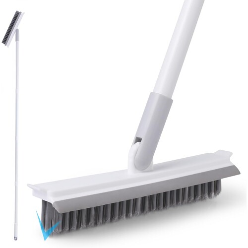 2 in 1 Grout Brush with Long Handle, Stiff Bristles Scrub Brush with Squeegee, V Shape Cleaning Brush Shower Scrubber for Cleaning Baseboard Tile Bath