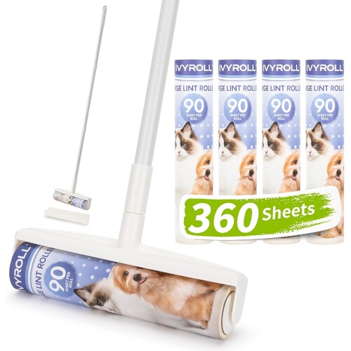 Large Lint Rollers for Floor, Lint Roller with 360 Sheets Refill with Long Handle for Cleaning Carpets, Cars, Clothing, and Pet Hair