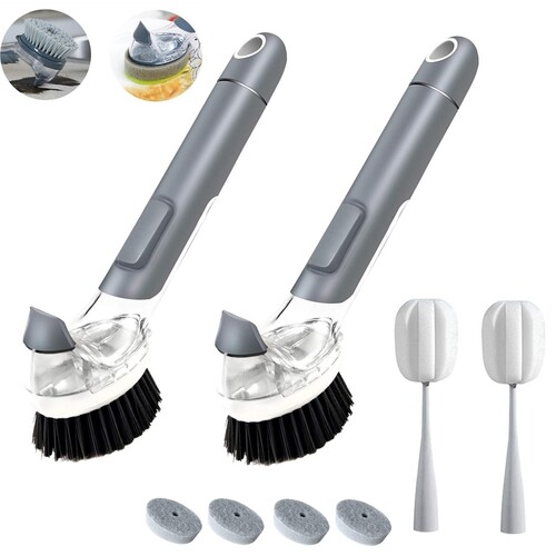2X Dish Brush with Soap Dispenser Pot Scrubber Kitchen Sink Pan Brush