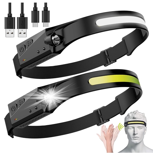 2PCS Waterproof COB LED Headlamp Camping Headlight USB Rechargeable Sensor 5 Lighting Mode 350 Lumens