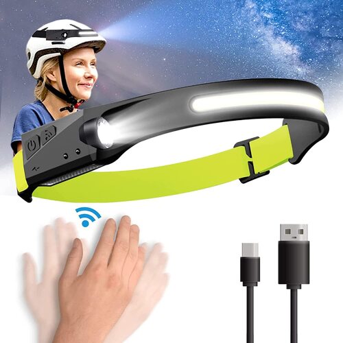 Waterproof COB LED Headlamp USB Rechargeable Sensor 5 Lighting Mode 350 Lumens Camping Headlight