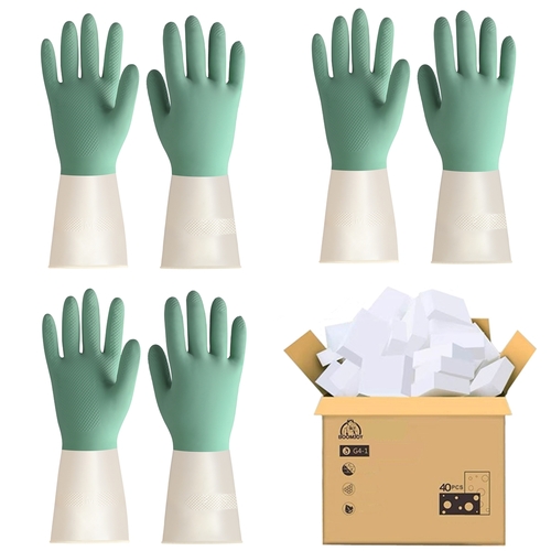 BOOMJOY 3 Pairs Latex Cleaning Gloves with 40PCS Magic Sponges Cleaning Eraser Multi-function Foam Cleaner