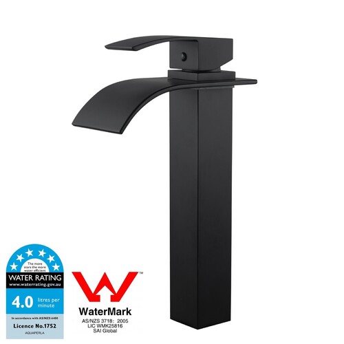 WELS Solid Brass Matt Black Waterfall Tall Basin Mixer Vanity Mixer Tap Bathroom Sink Faucet