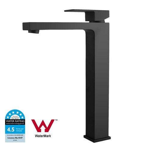 WELS Solid Brass Square Tall Basin Mixer Tap Vanity Tap Bench Top Bathroom Sink Faucet Matt Black