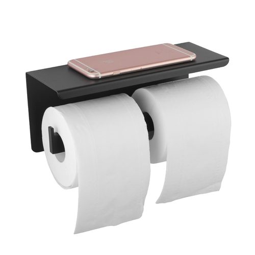 Double Toilet Paper Holder Bathroom Tissue Roll Holder with Shelf Cover Black