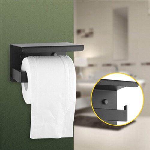 Toilet Paper Holder Bathroom Tissue Roll Holder with Shelf Cover Black