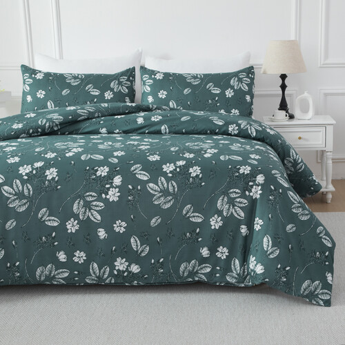 Bellemosa Brushed Microfibre Quilt Cover Set - Quilt Cover & Pillowcases Zipper Closure Floral Duvet Doona Cover - Forest Blossom