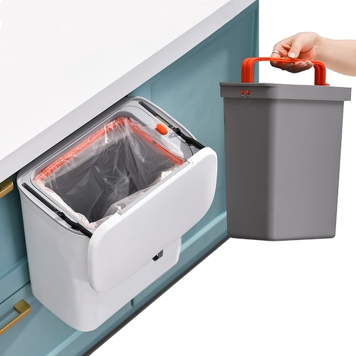 9L Cabinet Door Hanging Trash Can with Inner Barrel Wall Mounted Compost Bin with Sliding Lid for Cupboard Bathroom Office