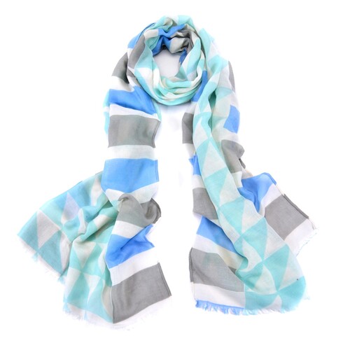 Women Fashion: Sweet and Artsy Baby Pink/ Blue Geometric Pattern Scarf Necklace Blue
